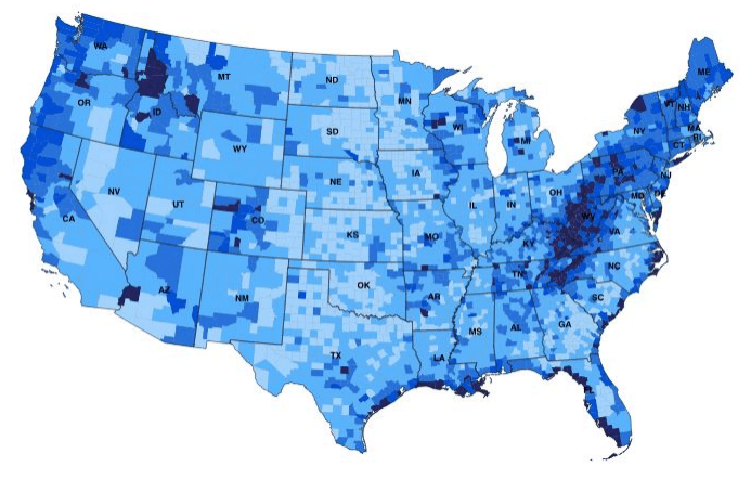 Flood Exposure Map of the United States showing varying levels of flood exposure across different regions