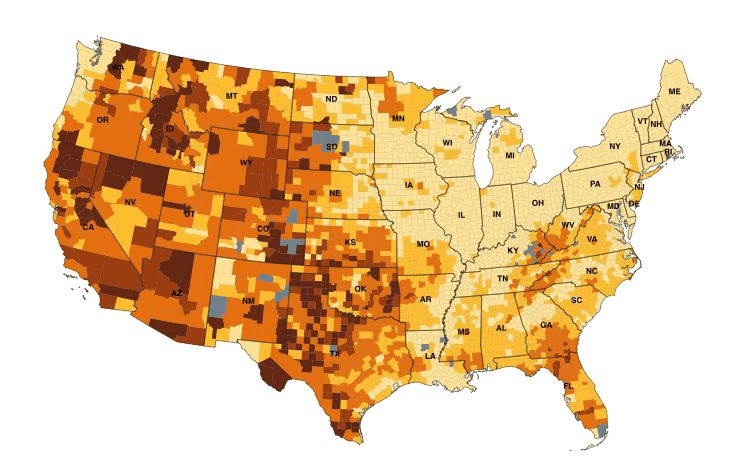 Wildfire Exposure Map of the United States showing varying levels of wildfire exposure across different regions