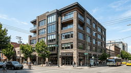Modern mid-rise office building with protected steel and heavy masonry