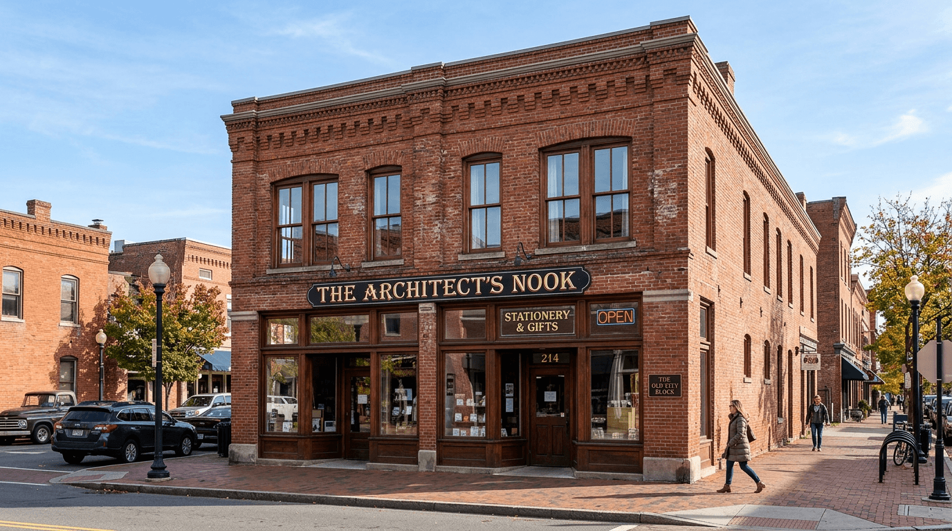 Brick commercial building with masonry walls and wood interior framing